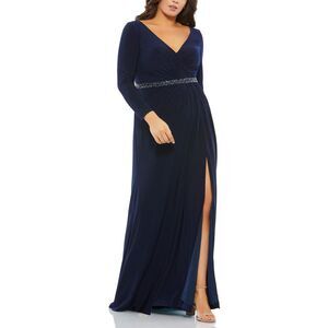 Mac Duggal Womens Navy Beaded Long Formal Evening Dress Gown Plus NWT